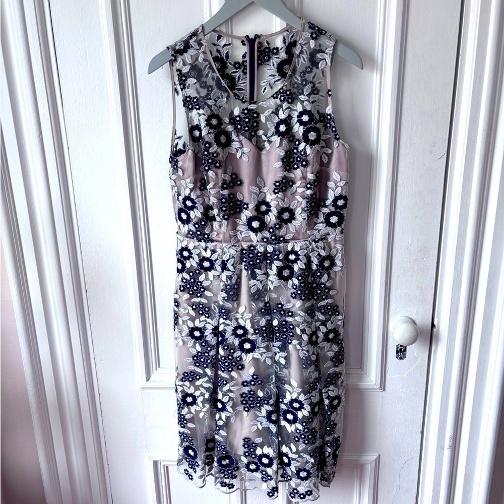 Women’s Sleeveless Zip Up Fully Lined Embroidered Floral Overlay Blue/Silver